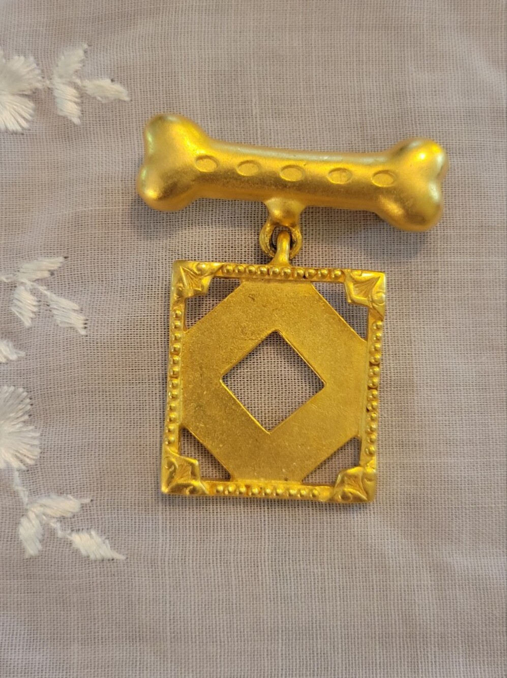 Vintage JJ Dog Bone Brooch With Dangling Photo Frame